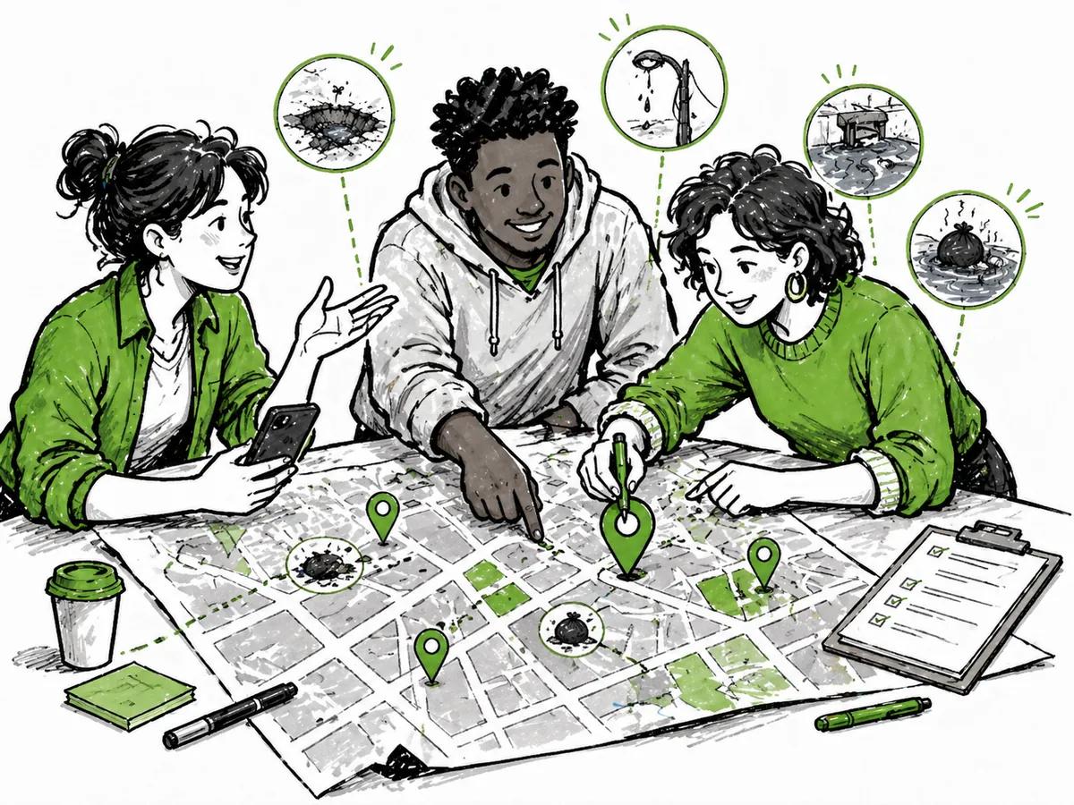 Three diverse people gathered around a city map, marking civic issues together.