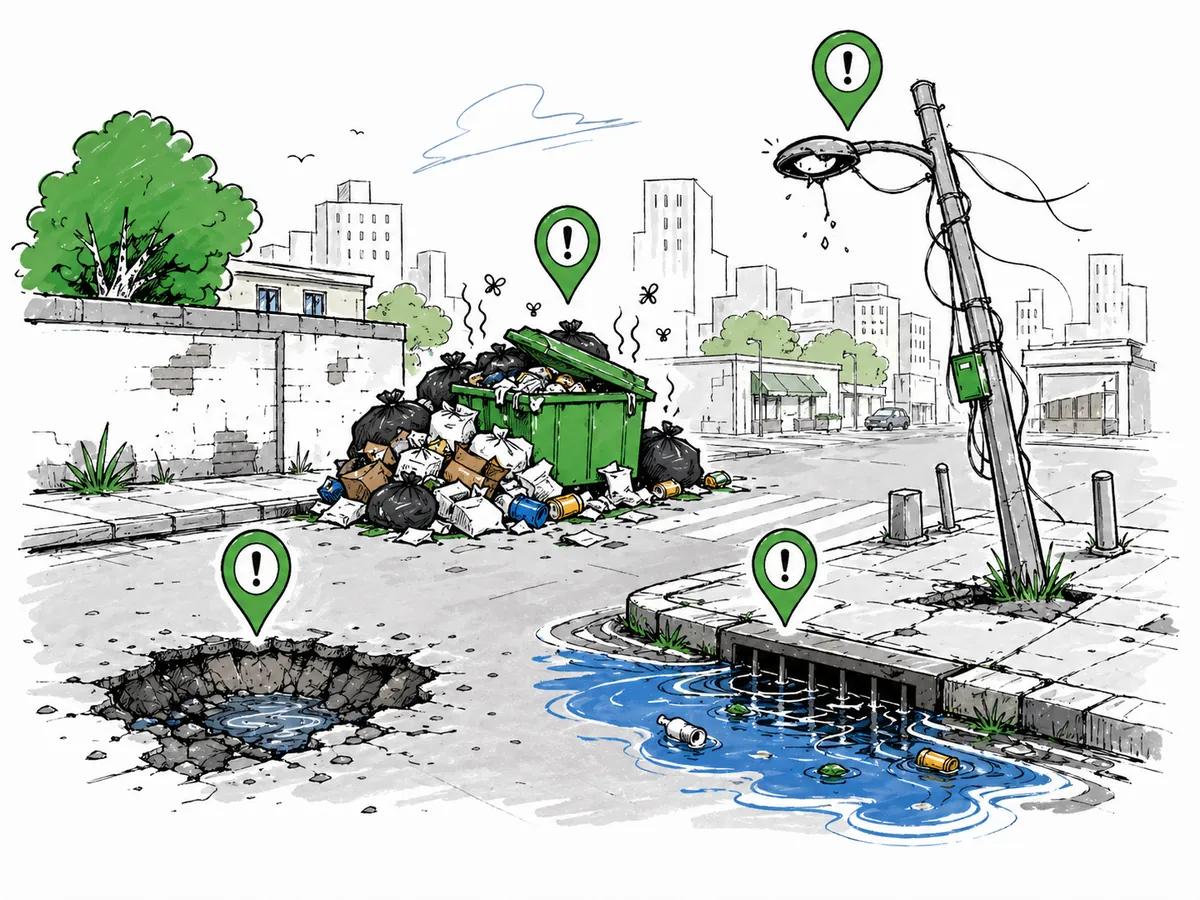 A street scene with a pothole, an overflowing bin, a flooded drain and a broken light, each tagged with a report pin.