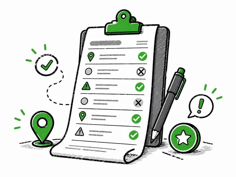 A clipboard receipt listing reported issues with checkmarks and X marks.