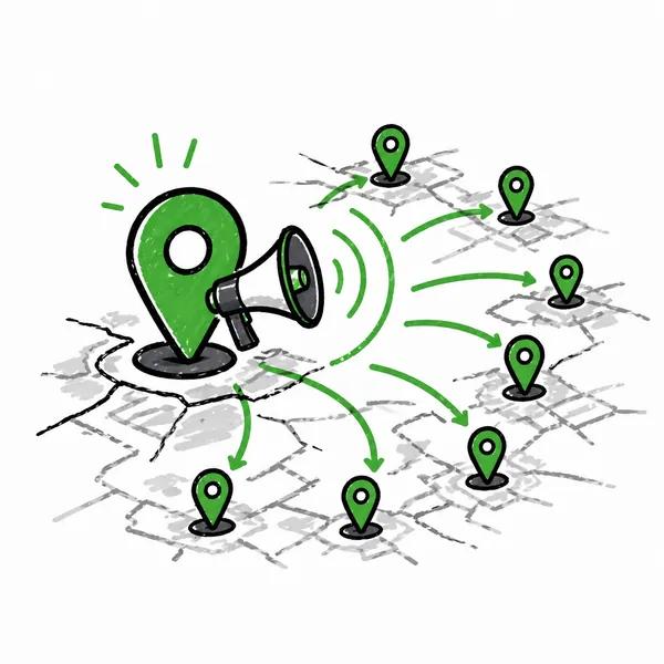 Map with a megaphone pin radiating outward to other pins across the city.
